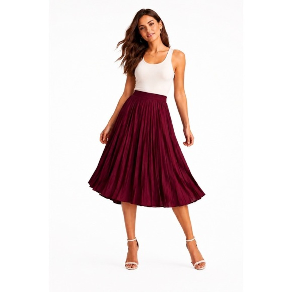 John Paul‎ Richard Pleated Midi Skirt Women Size M Bordeaux Burgundy Faux Suede